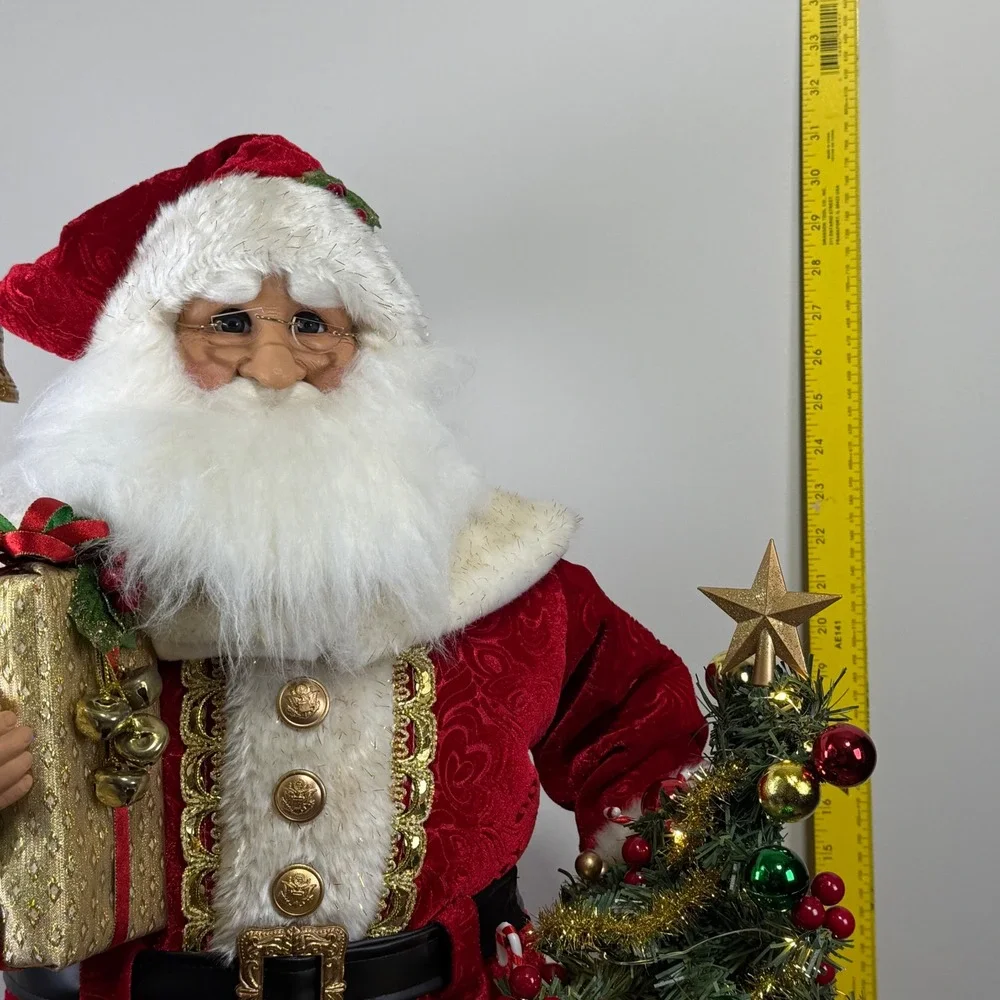 Karen Didion Santa Claus Figurine 33in Red Velvet Lighted Tree Bell Handcrafted
